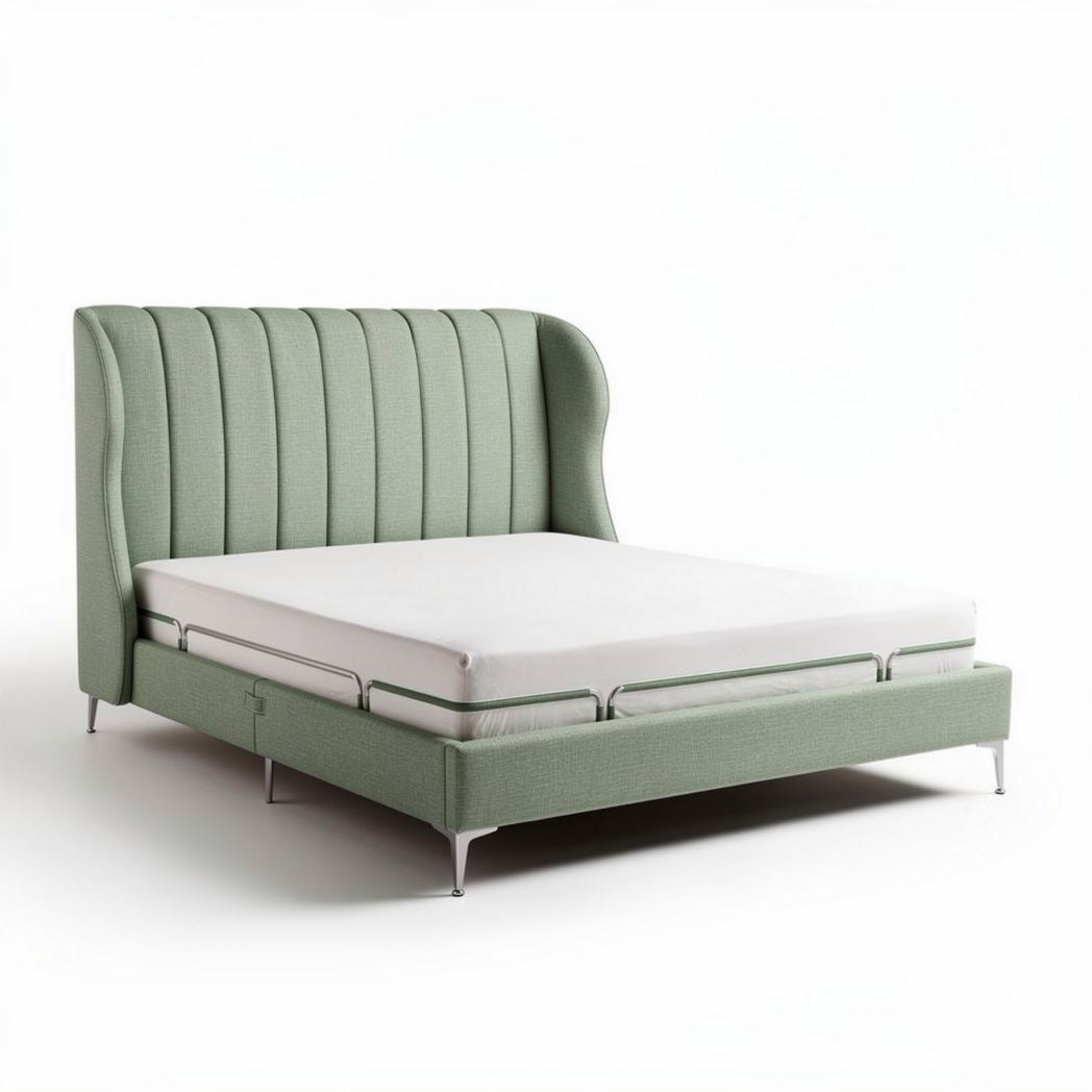Lit double convertible en tissu vert clair avec tête de lit rembourrée 200 x 160 x 100cm