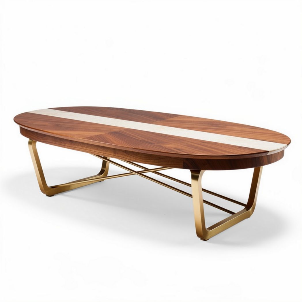 Table basse ovale en bois de noyer avec détails en marbre blanc 160 x 80 x 45cm