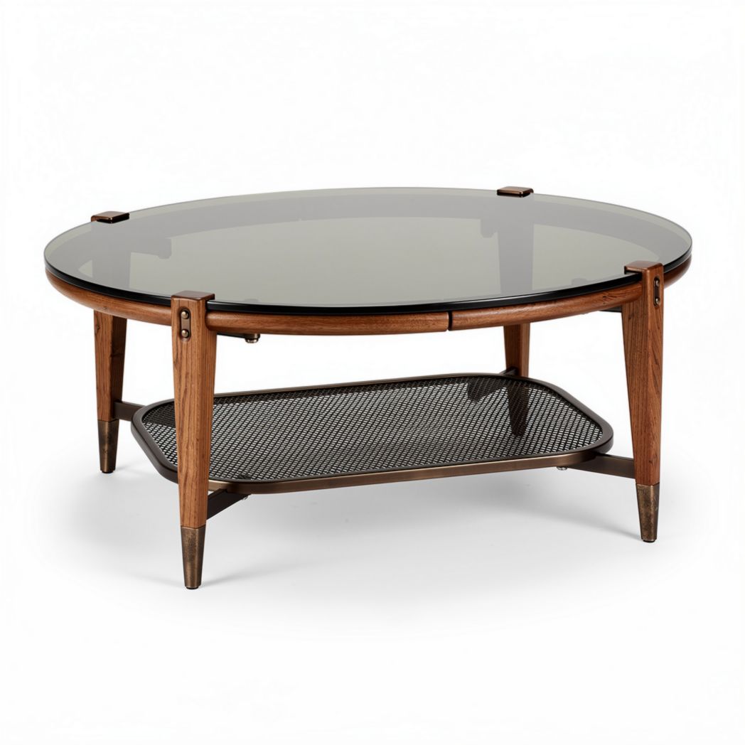 Table basse ronde en bois et verre noir 80 x 80 x 40 cm avec rangement