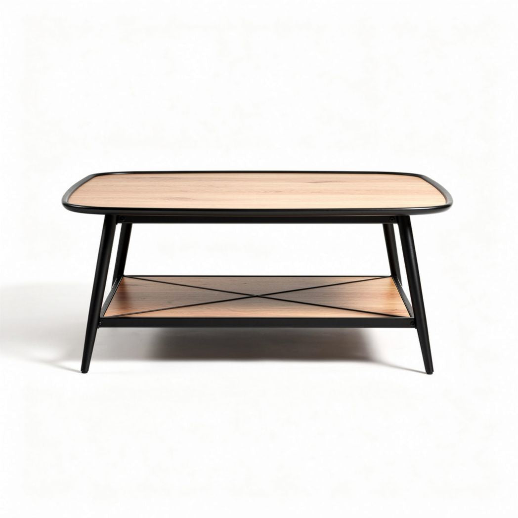 Table basse en bois naturel et métal noir 120 x 60 x 45 cm avec étagère
