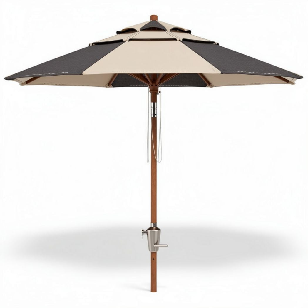 Parasol en bois de 250 x 250 cm avec toile beige et noire pour jardin